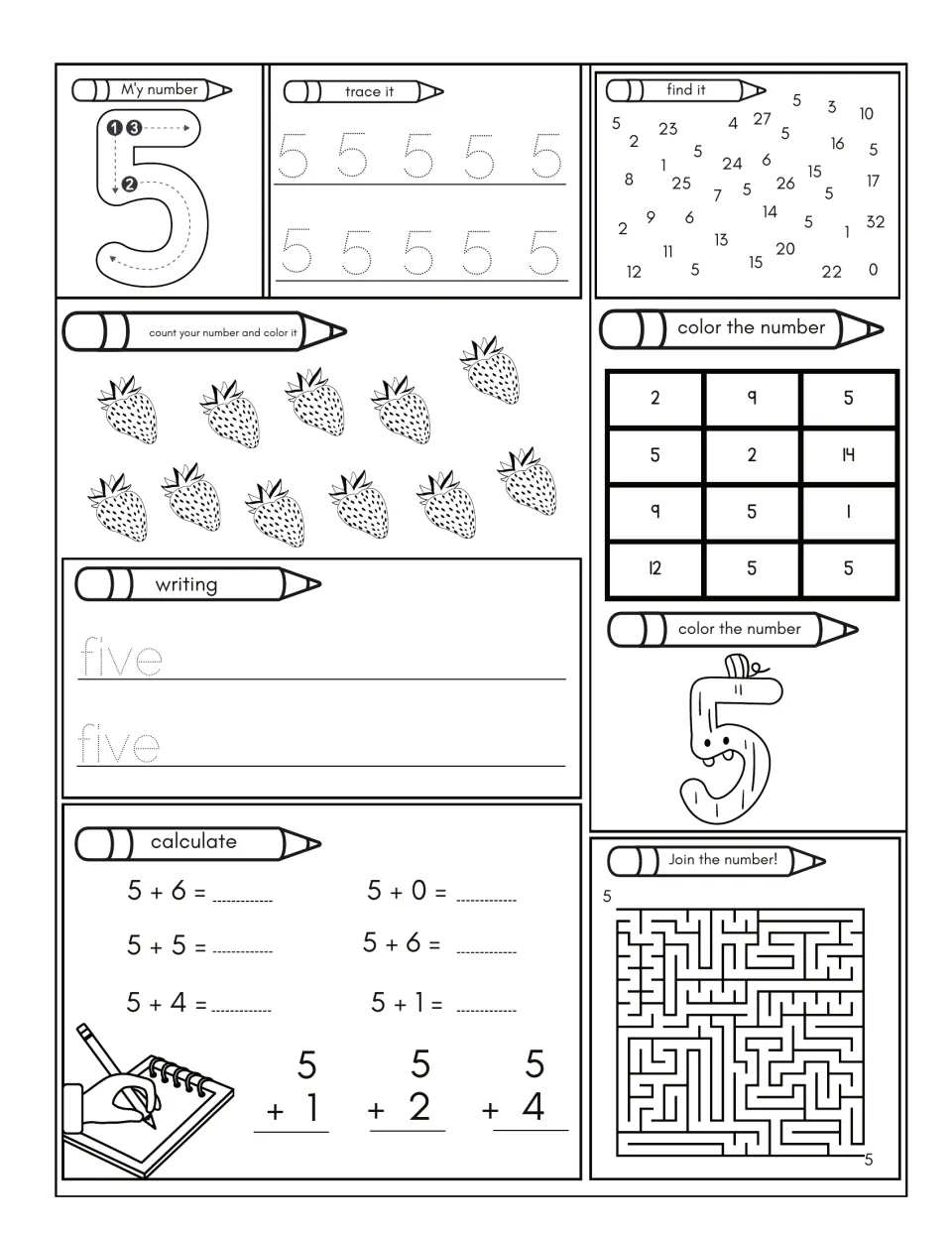Number 5 practice: trace 5 and 'five,' color strawberries, find 5, solve addition problems, and finish a maze