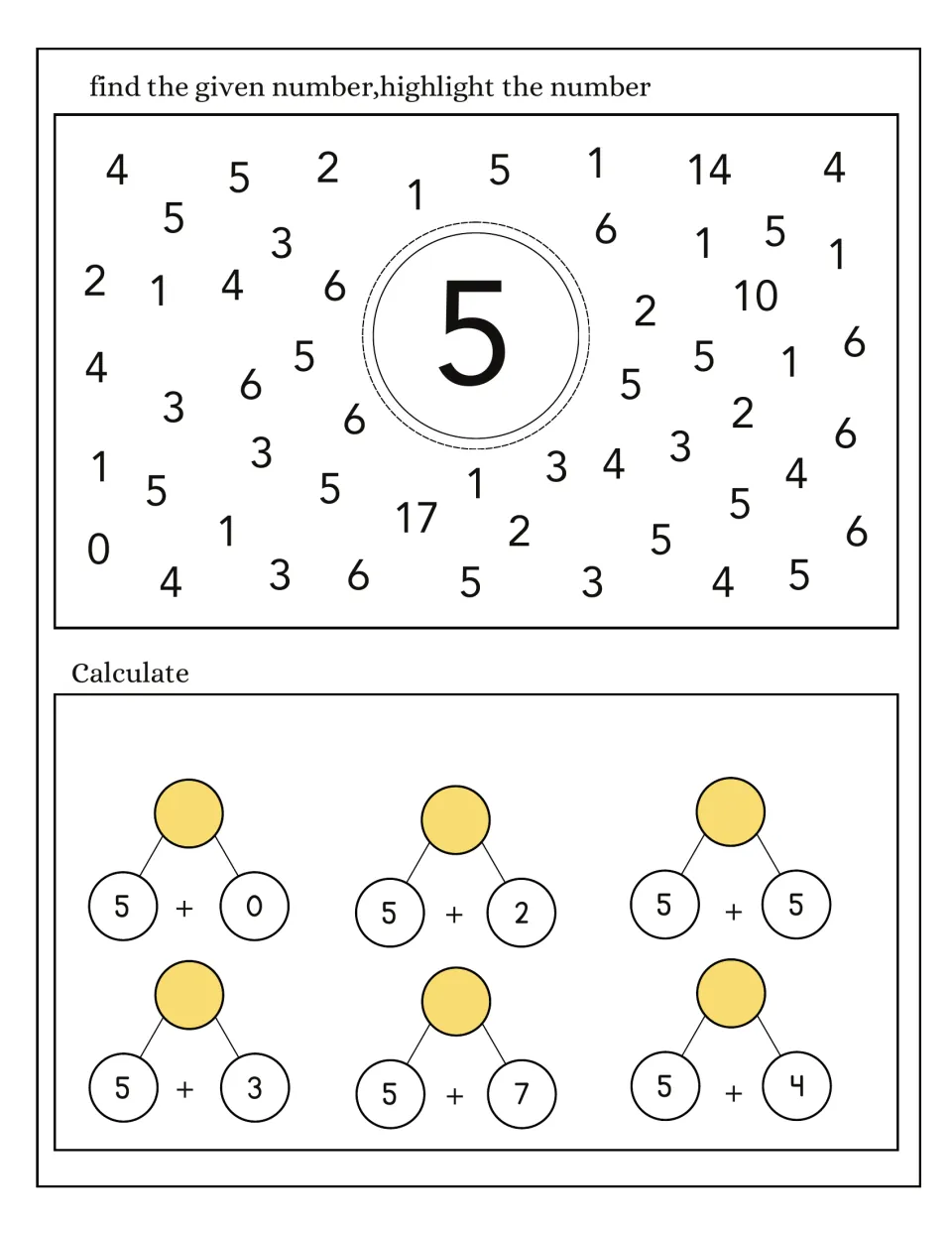 Number 5 follow-up: find and highlight 5 among other numbers, then solve six addition problems using 5