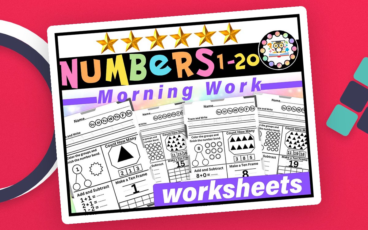 Colorful Numbers 1-20 Morning Work cover with worksheet previews for tracing, counting, number bonds, ten frames, addition, and subtraction.