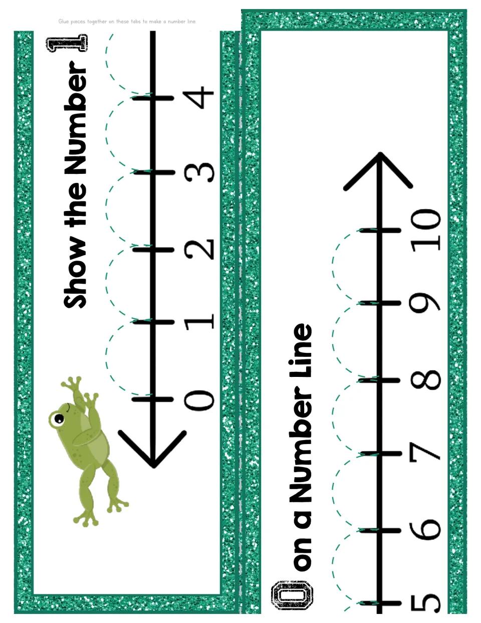Number 10 unit number line in two pieces, labeled 0 through 10, with counting hops and tabs for assembly