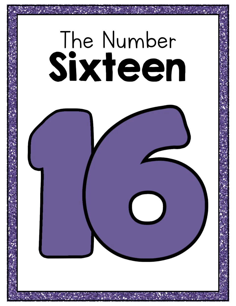 Number 16 unit display poster pairing the heading 'The Number Sixteen' with a large purple numeral 16
