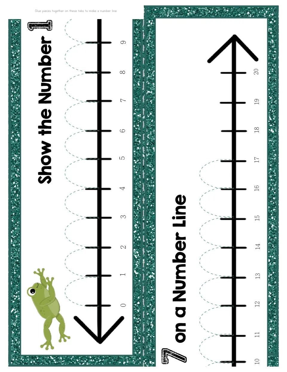 Show the Number 17 on a Number Line: two strips, 0 to 9 and 10 to 20, glued into one line with dashed hops for counting