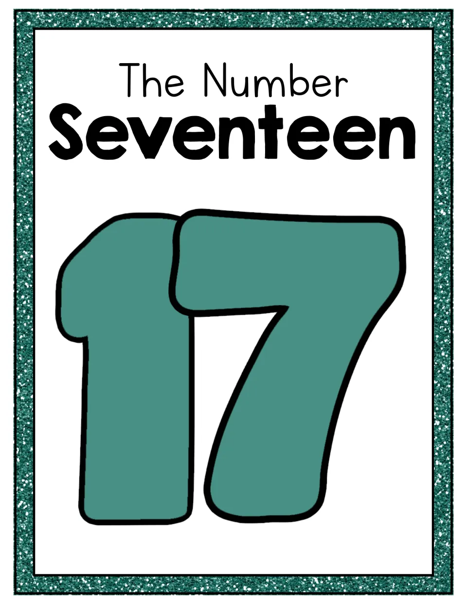 The Number Seventeen poster pairing the number word "Seventeen" with a large teal numeral 17 for matching word and digit
