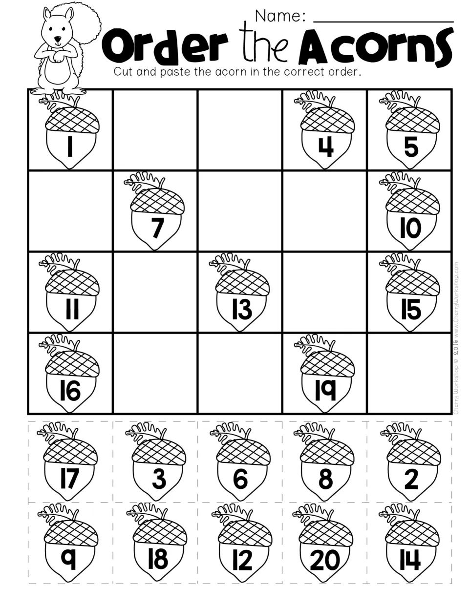 Order the Acorns: students cut out 10 numbered acorns and paste them into the missing spots to sequence numbers 1 to 20