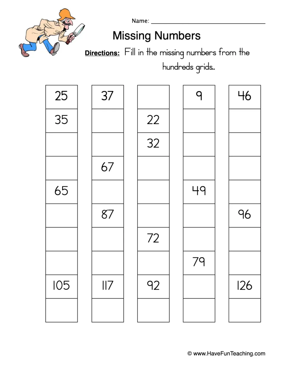 Number order practice: complete five sequences counting by tens, using clues such as 25, 37, 22, 9, and 46.
