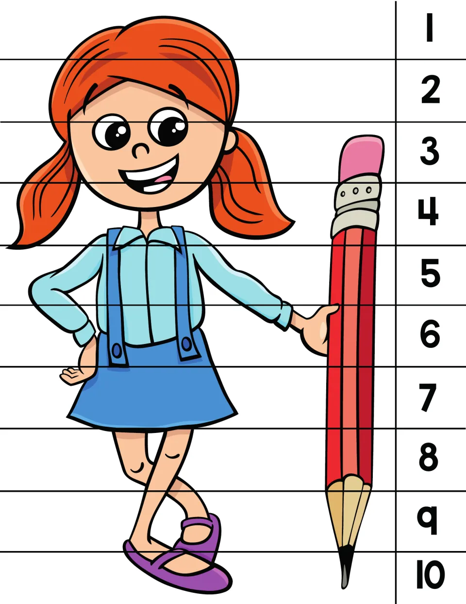 Number order puzzle 1 of 8: a girl holding a large red pencil, with numbers 1 to 10 to rebuild the picture.