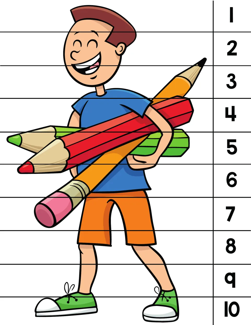 Number order puzzle 2 of 8: a boy carrying three large pencils, with numbers 1 to 10 to rebuild the picture.