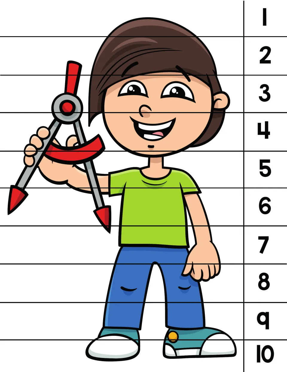 Number order puzzle 3 of 8: a child holding a drawing compass, with numbers 1 to 10 to rebuild the picture.