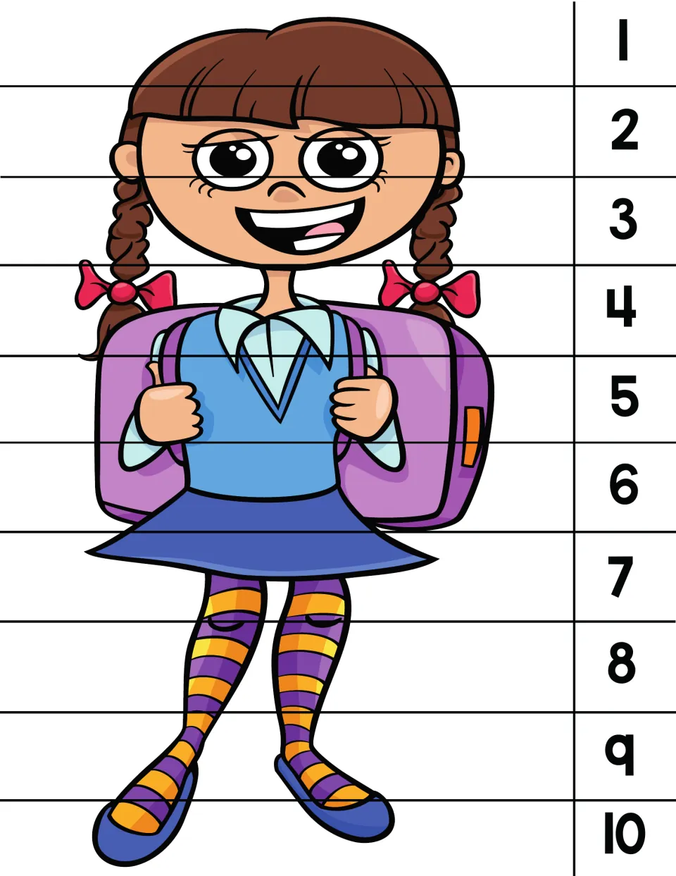 Number order puzzle 4 of 8: a girl wearing a purple backpack, with numbers 1 to 10 to rebuild the picture.