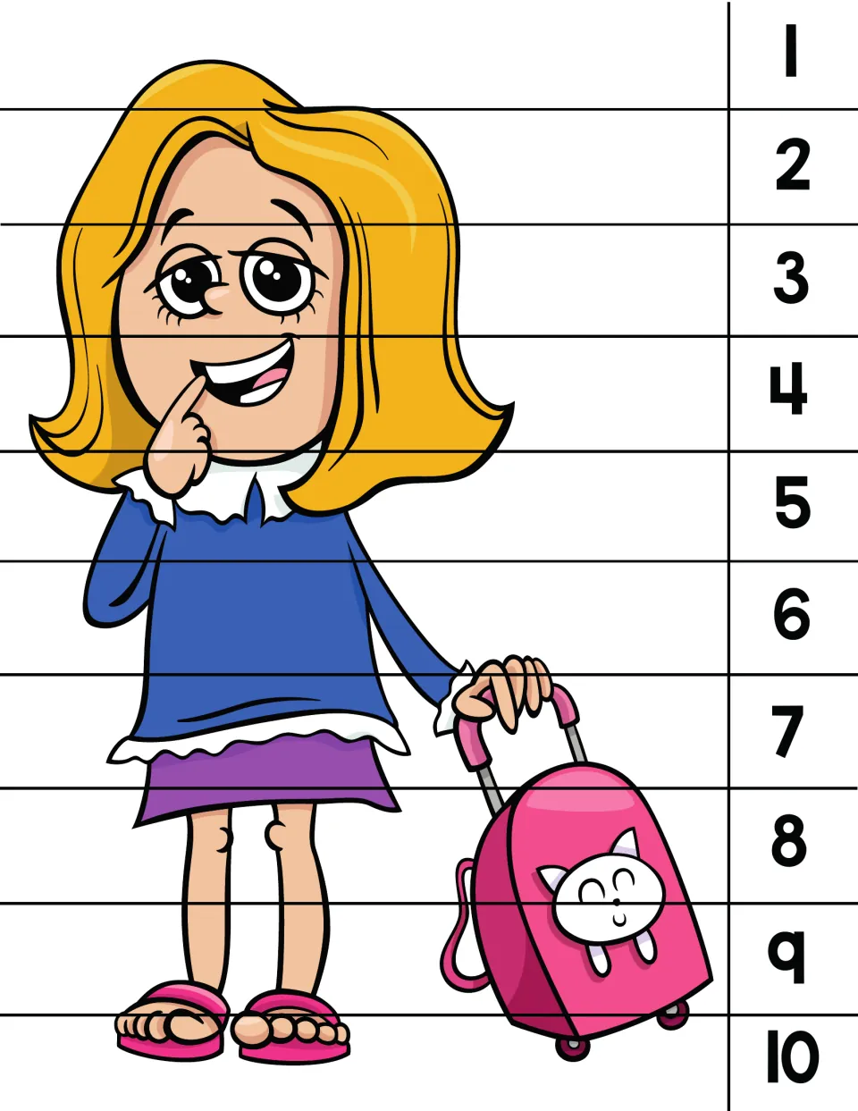 Number order puzzle 5 of 8: a girl holding a pink rolling bag, with numbers 1 to 10 to rebuild the picture.
