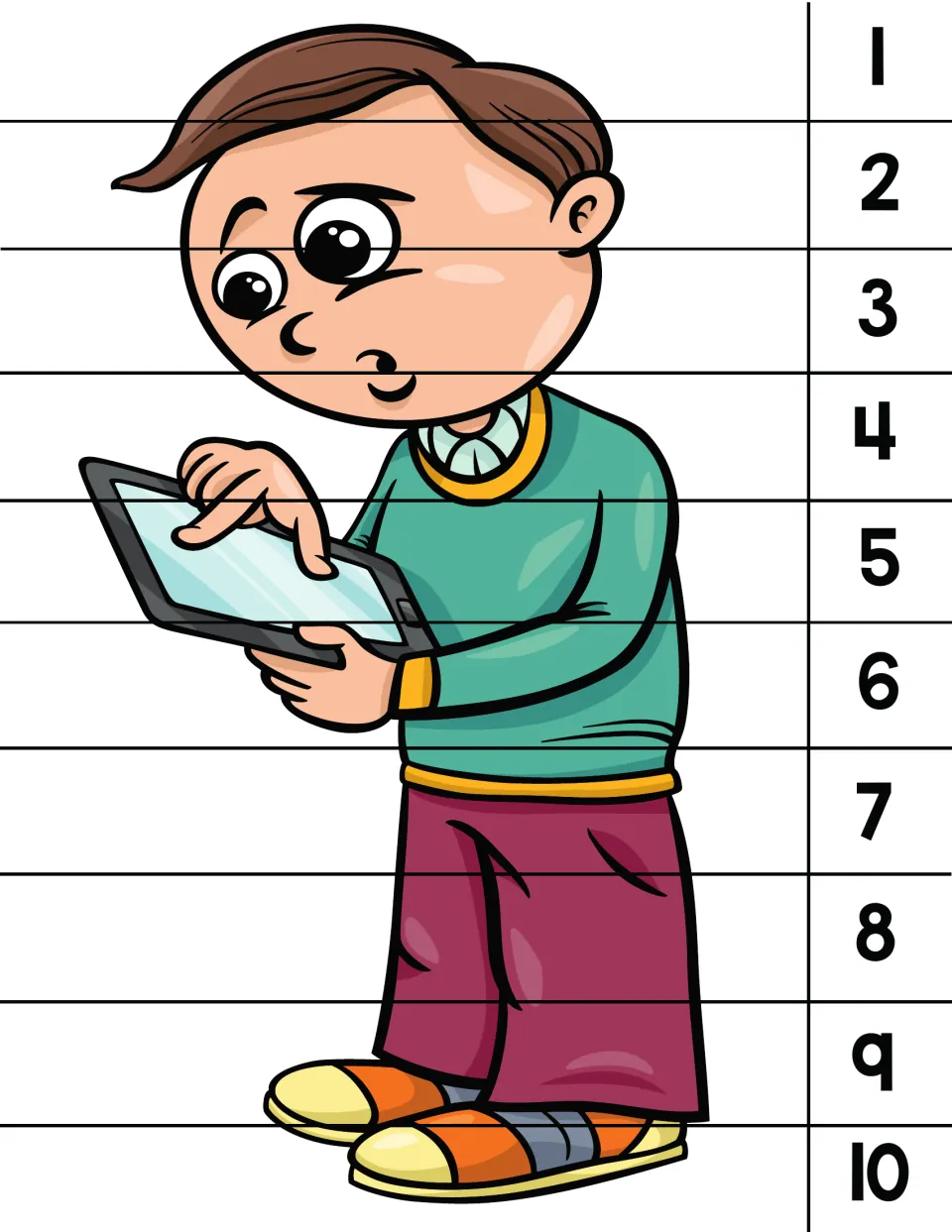 Number order puzzle 6 of 8: a boy using a tablet computer, with numbers 1 to 10 to rebuild the picture.