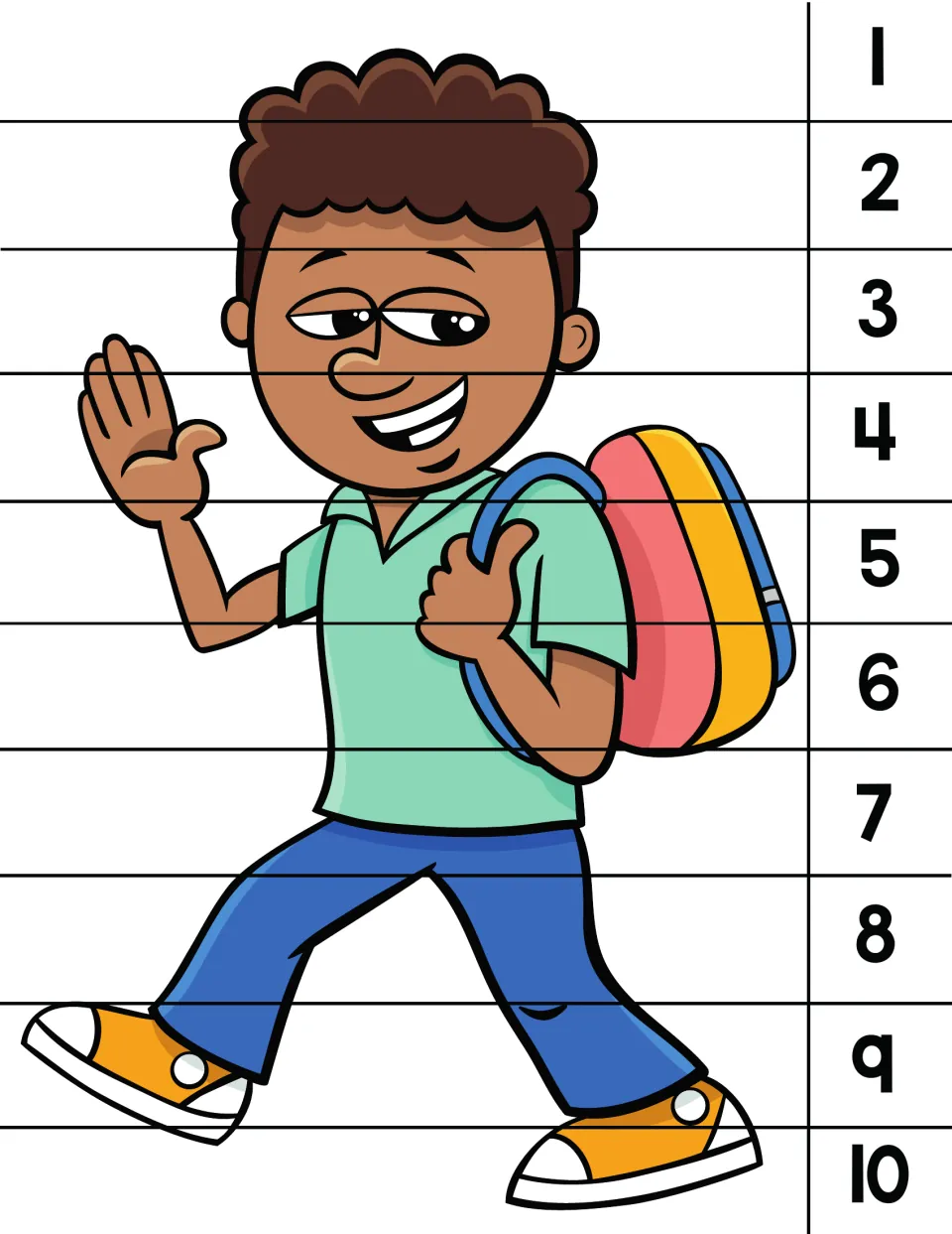 Number order puzzle 7 of 8: a boy waving while wearing a backpack, with numbers 1 to 10 to rebuild the picture.