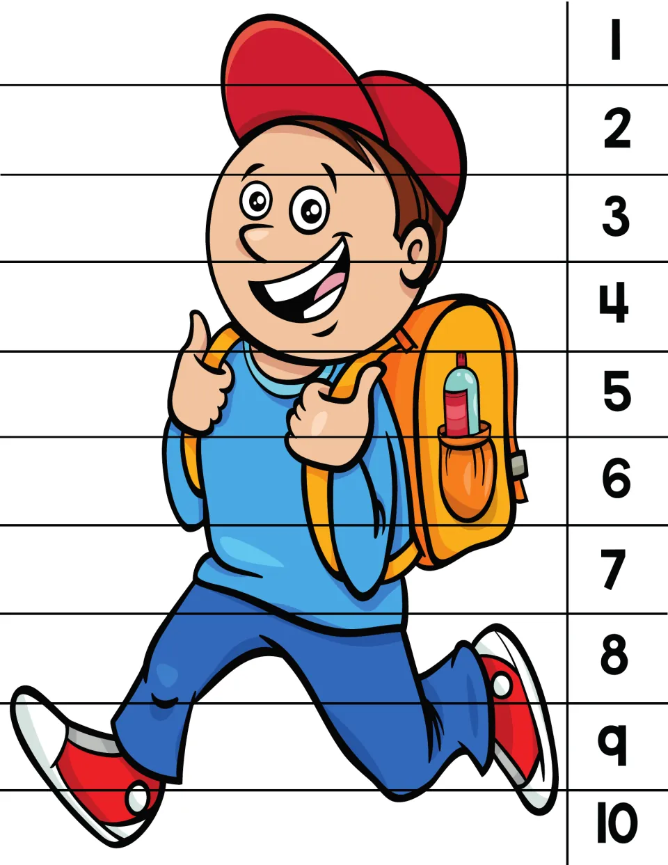Number order puzzle 8 of 8: a running boy in a red cap with a backpack, with numbers 1 to 10 to order.