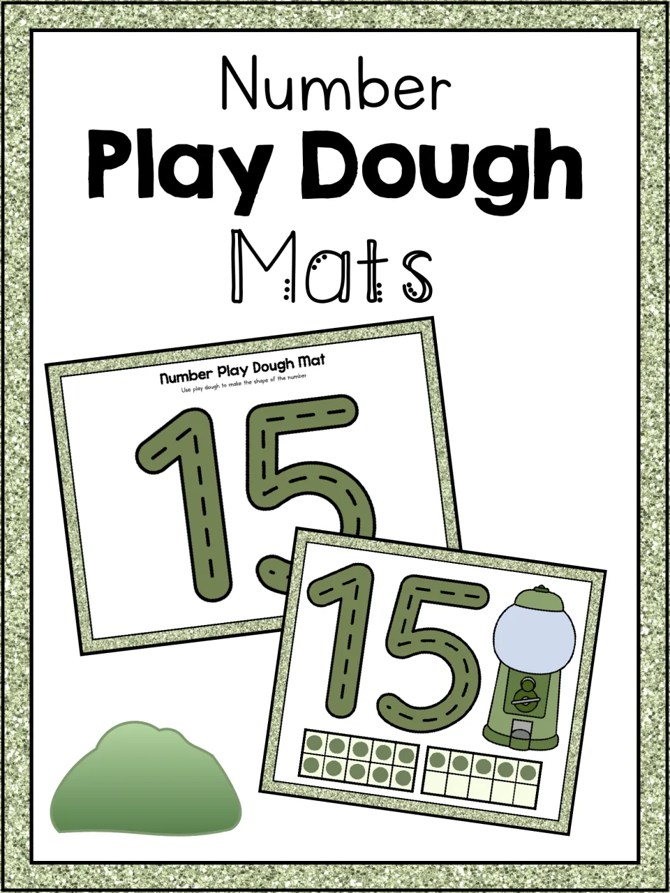 Number Play Dough Mats cover showing two sample mats for 15: a plain numeral and one with ten frames and a gumball machine
