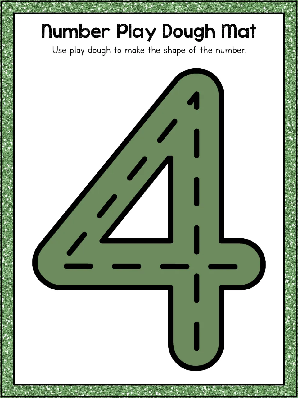 Number 4 mat: students press play dough onto an open numeral four, following its slant, crossbar and down stroke