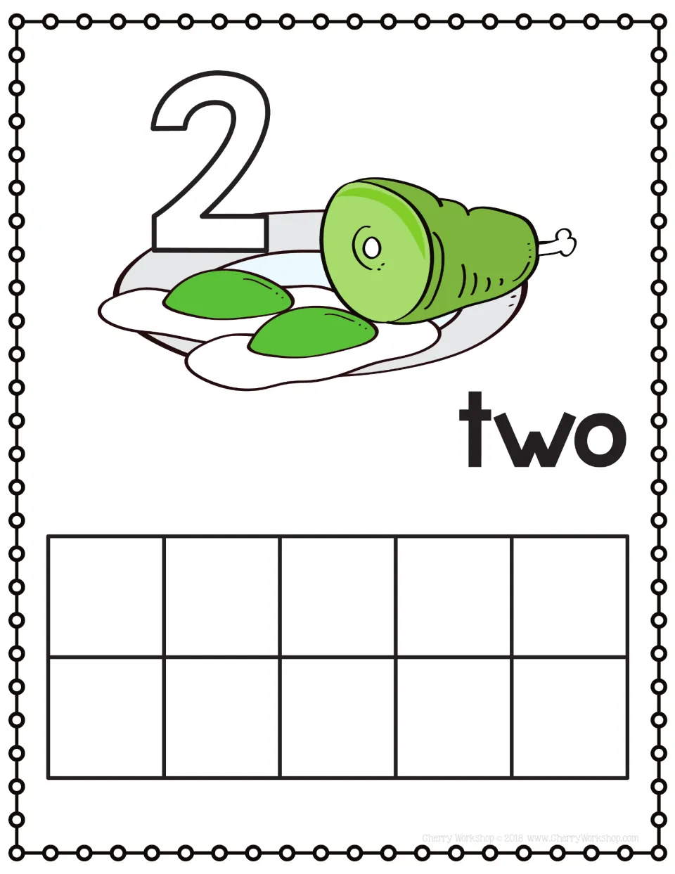 Number 2 playdough mat: students fill the outlined 2 with playdough and place two balls on the ten frame; word two