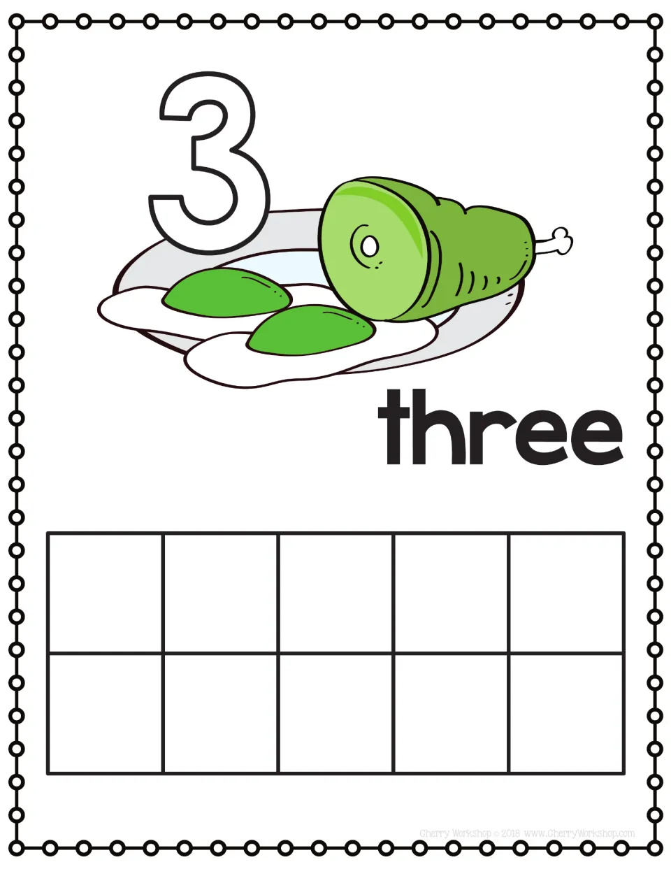 Number 3 playdough mat: students shape the outlined 3 in playdough and count three onto the ten frame beside the word three