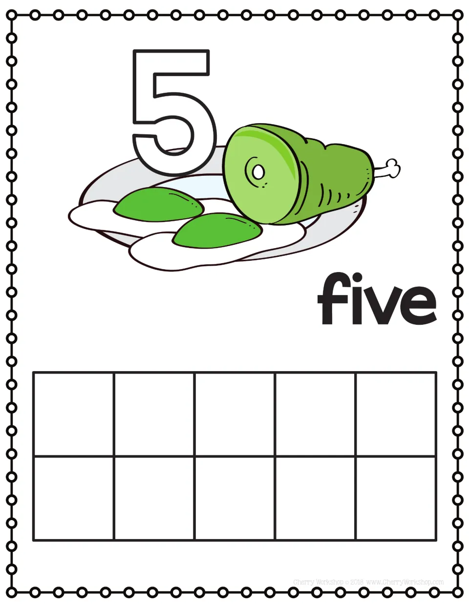 Number 5 playdough mat: students cover the outlined 5 with playdough and fill five spaces on the ten frame; word five