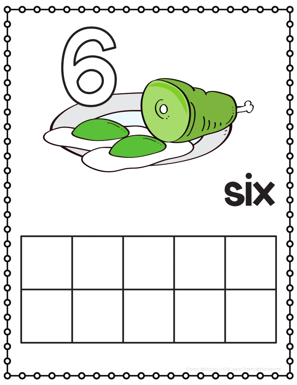 Number 6 playdough mat: students roll playdough to form the outlined 6 and model six on the ten frame next to the word six