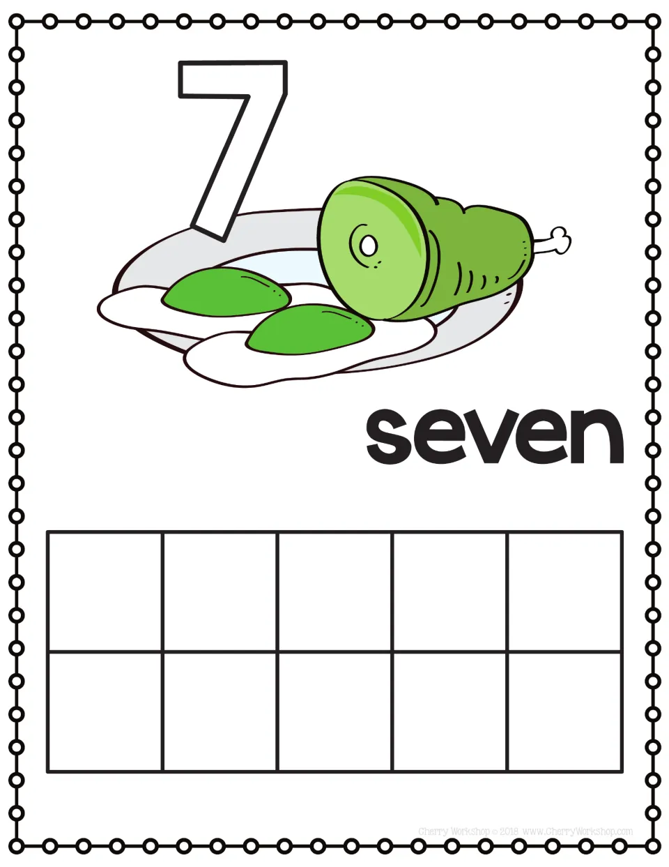 Number 7 playdough mat: students trace the outlined 7 in playdough and count seven onto the ten frame; word seven shown