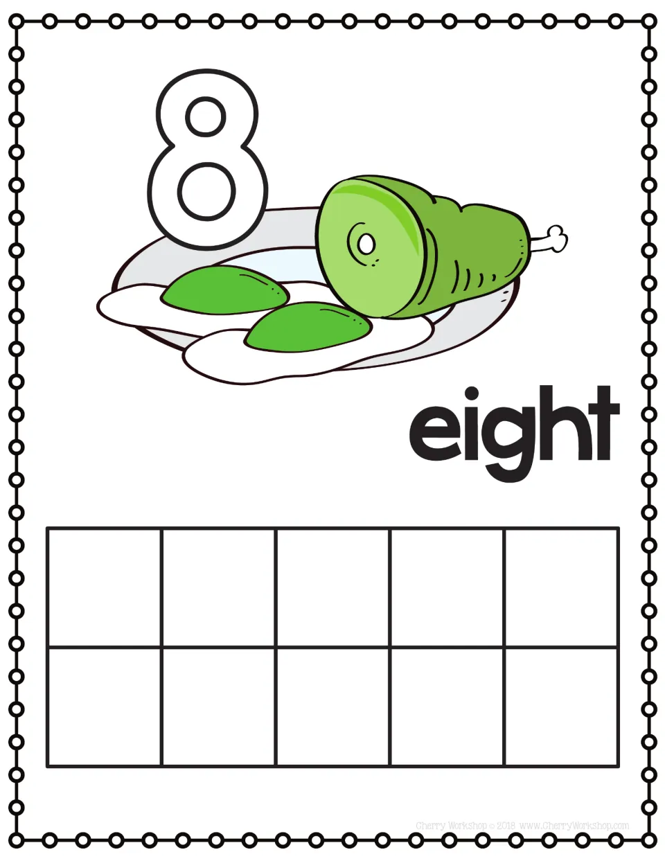 Number 8 playdough mat: students mold the outlined 8 from playdough and show eight on the ten frame with the word eight