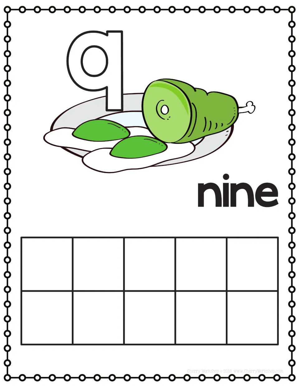 Number 9 playdough mat: students press playdough into the outlined 9 and fill nine ten-frame spaces; number word nine