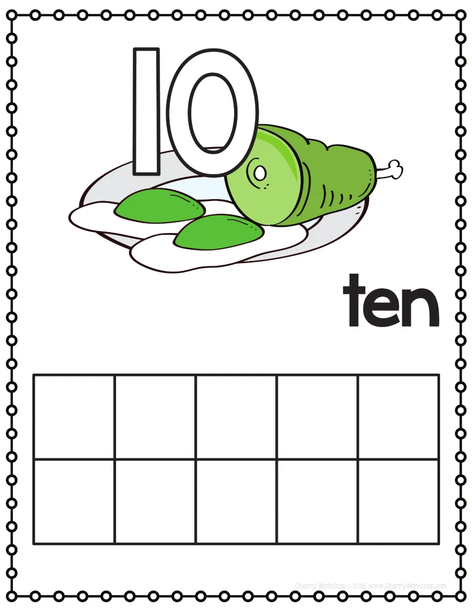 Number 10 playdough mat: students form the outlined 10 in playdough and fill the whole ten frame to show ten; word ten