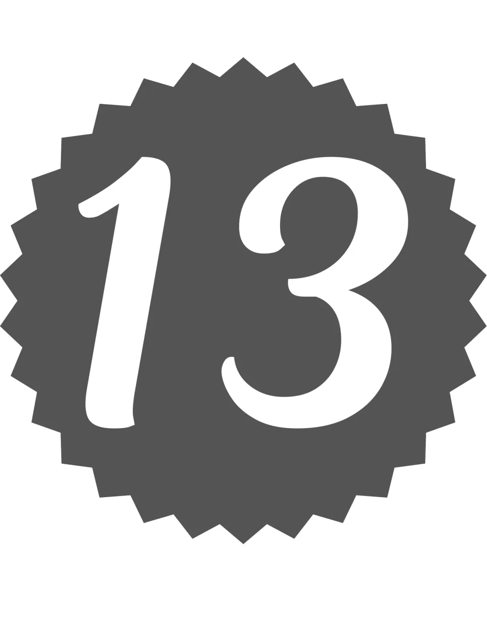 Number poster for classroom display or home practice, featuring the numeral 13 from the 0–20 number set.