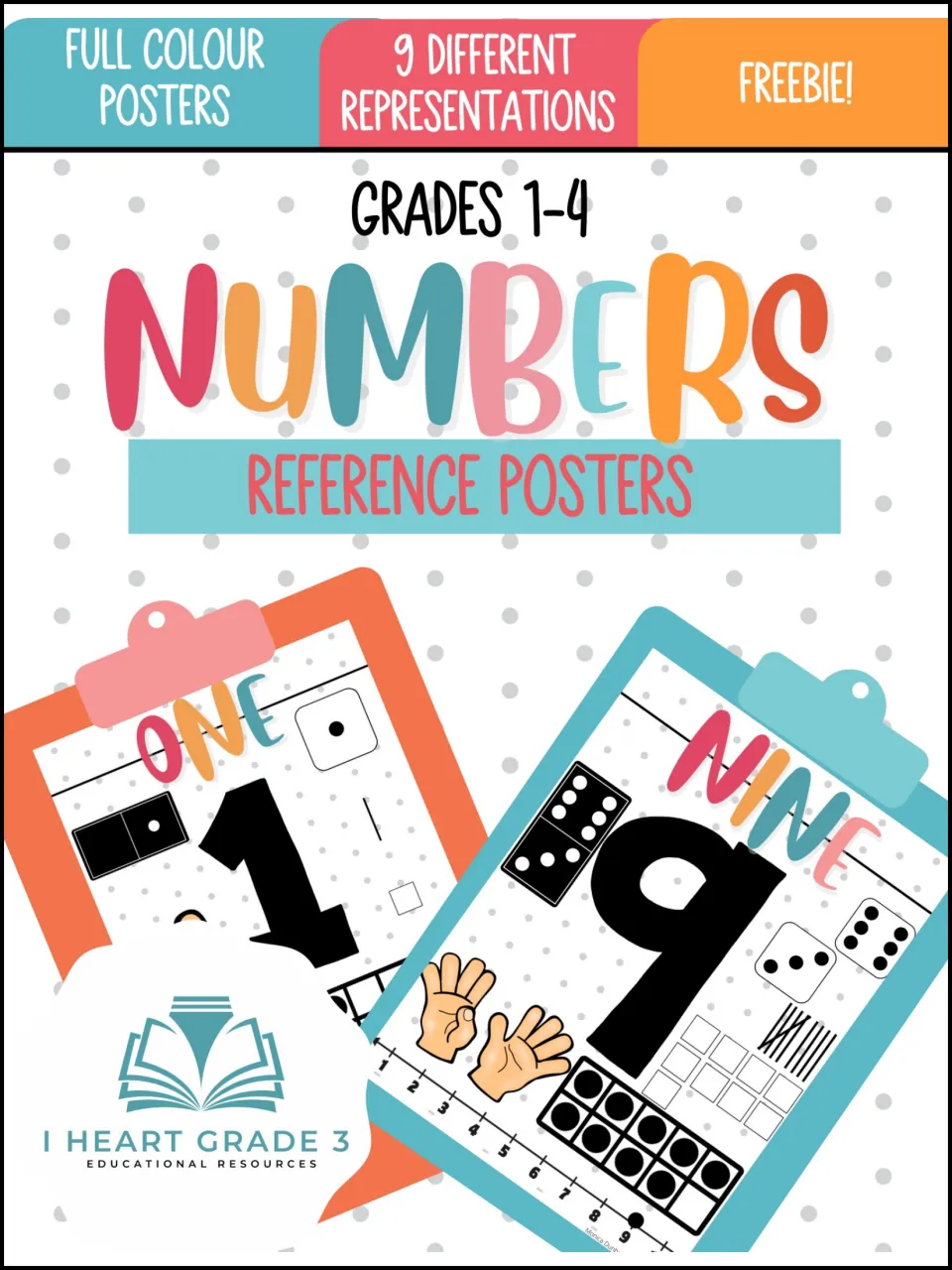 Numbers Reference Posters cover, Grades 1-4: sample posters for one and nine showing dominoes, dice, fingers and ten frames