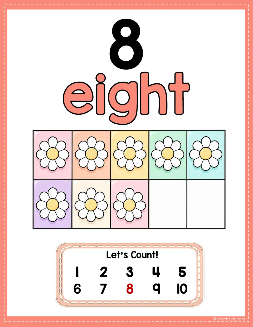 Number poster 8: 'eight,' eight flowers in a ten-frame model, and 8 highlighted in the 'Let's Count!' sequence.