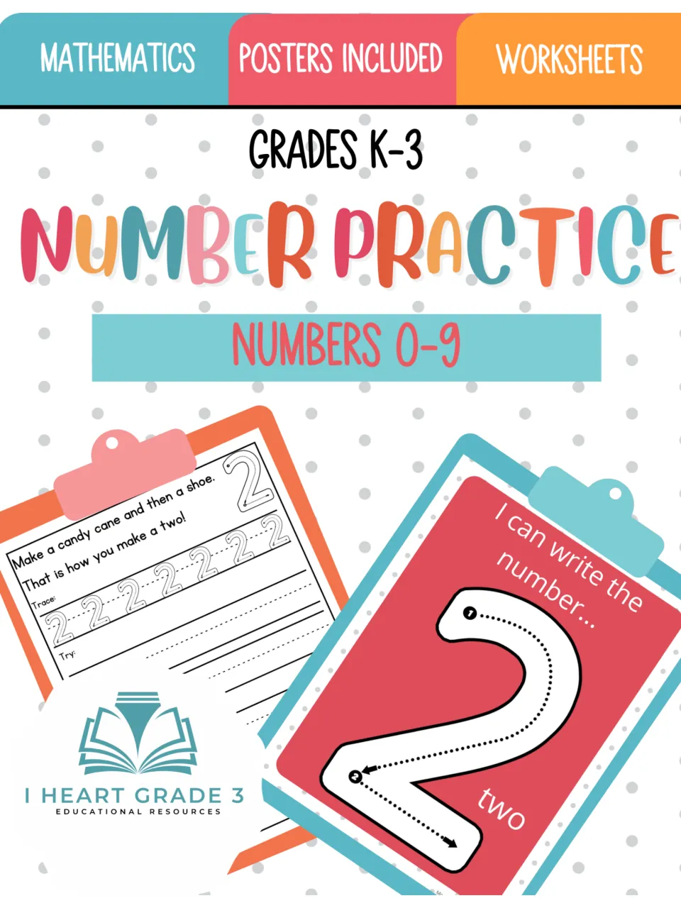 Cover of Number Posters & Practice: 0-9 for grades K–3, showing a number 2 poster and tracing worksheet