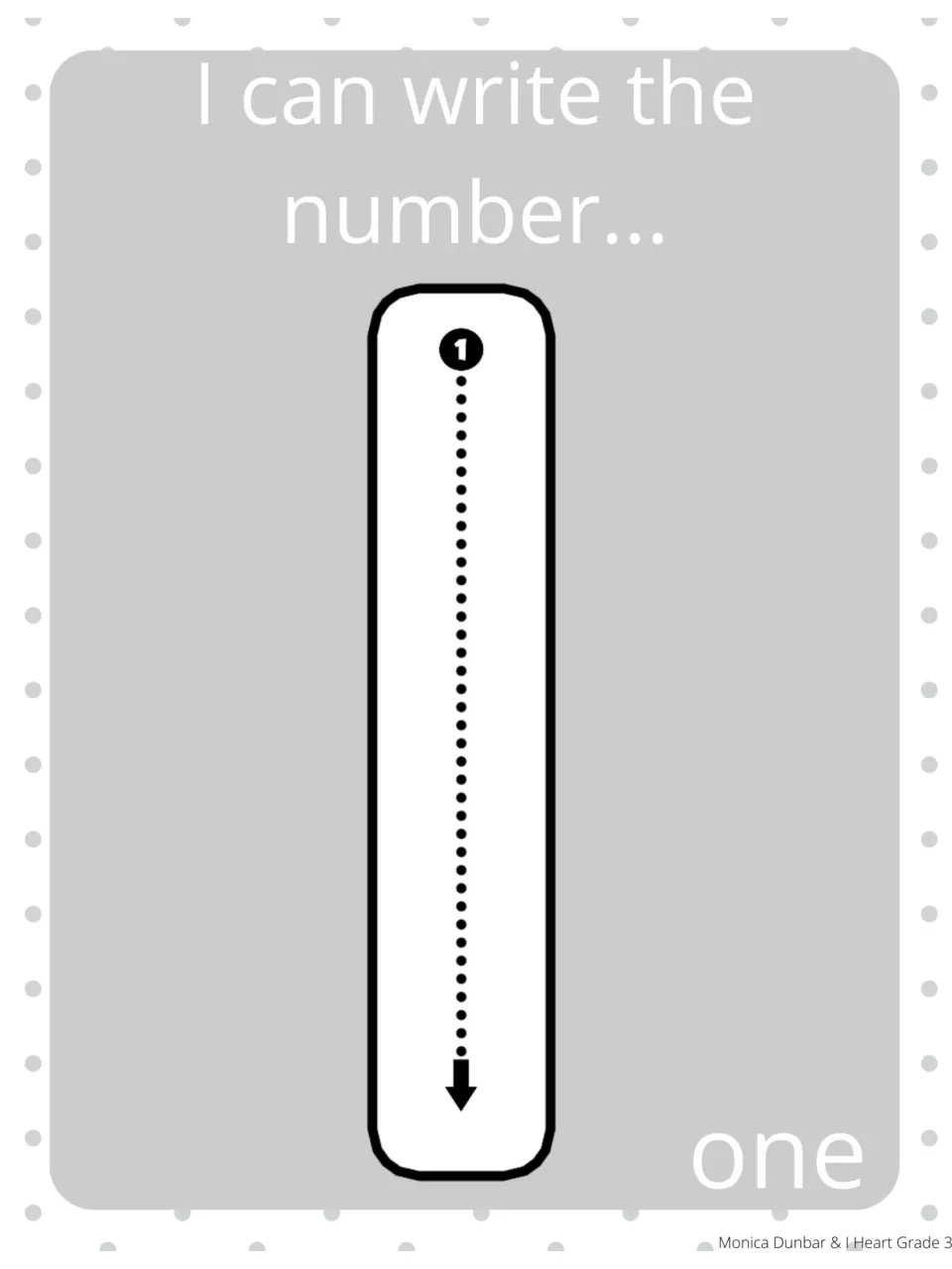 Number 1 formation poster says 'I can write the number...' and 'one,' with a dotted path and downward arrow