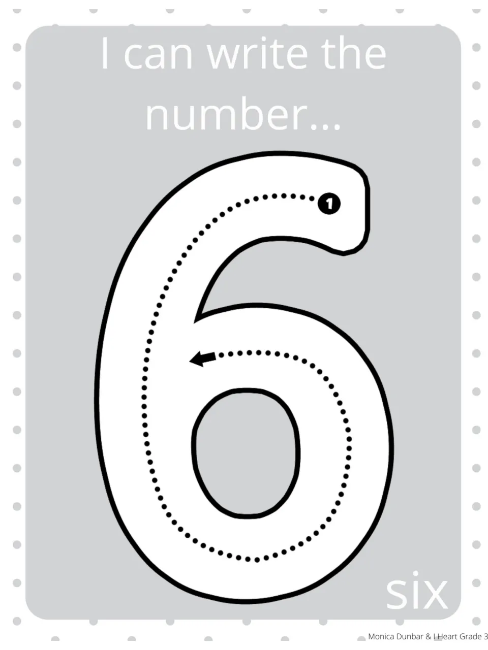 Number 6 formation poster says 'I can write the number...' and 'six,' with a dotted path and direction arrow