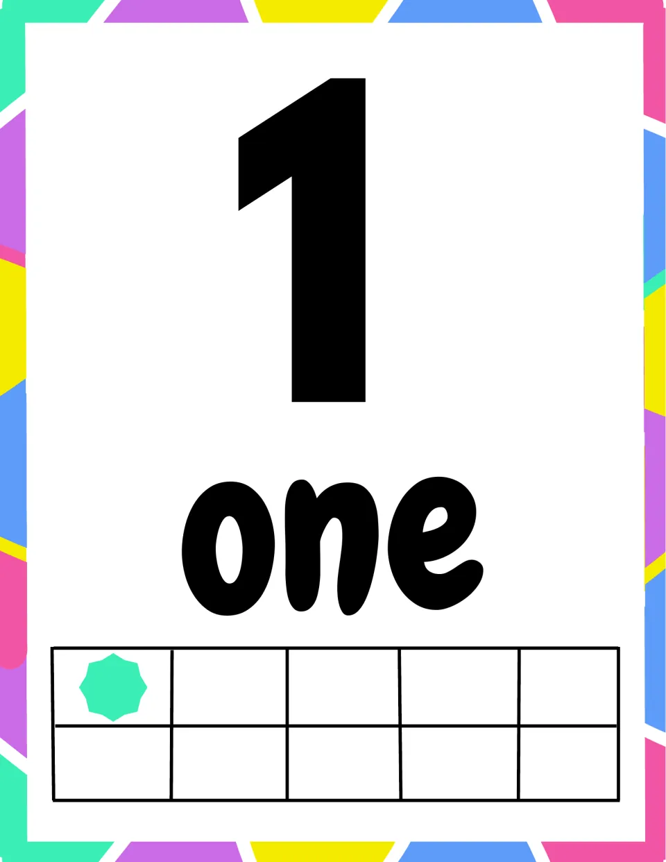 Number 1 poster: large numeral 1 and the word one above a ten frame with a single star, matching numeral to quantity