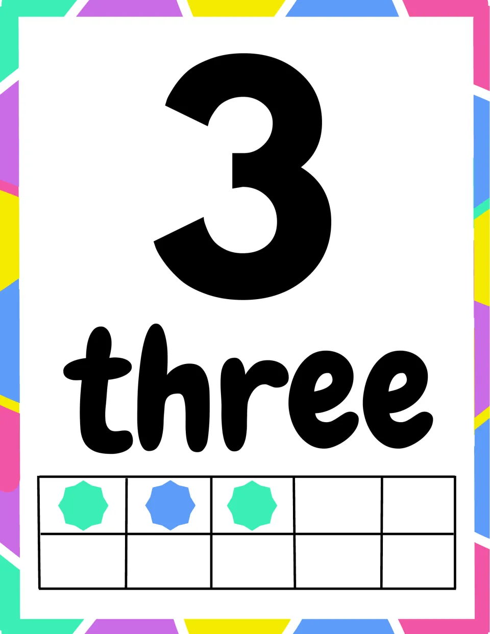 Number 3 poster: numeral 3 and the number word three, with three green and blue stars placed in a ten frame to count