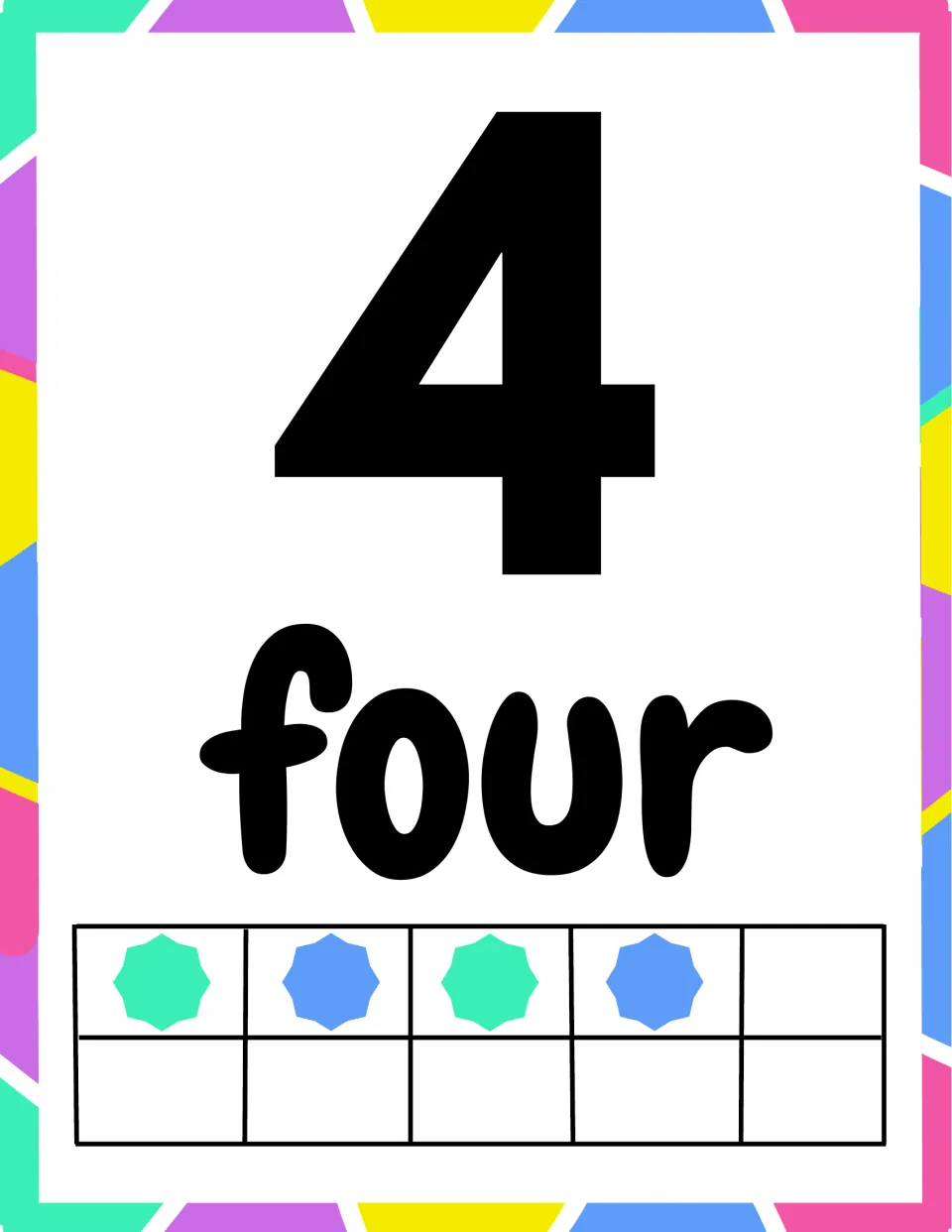 Number 4 poster: numeral 4 with the word four and four alternating green and blue stars across the top row of a ten frame