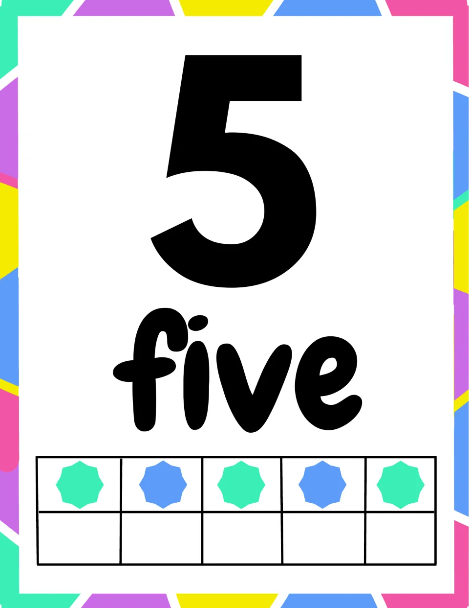 Number 5 poster: numeral 5 and the word five, with five stars completely filling the top row of a ten frame to show five
