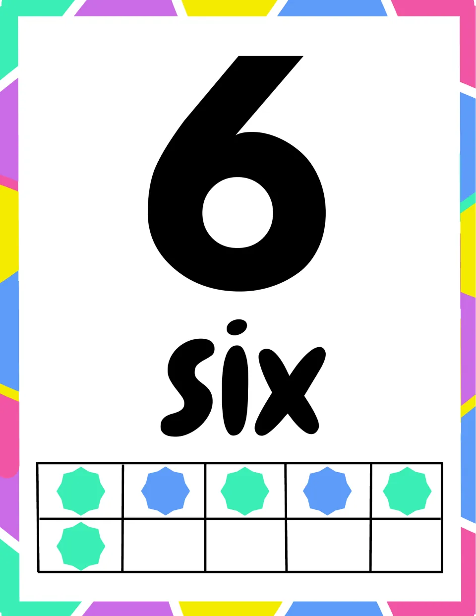 Number 6 poster: numeral 6 and the word six, shown as a full row of five stars plus one star in the ten frame's bottom row