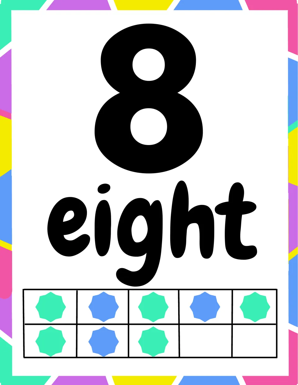 Number 8 poster: numeral 8 and the word eight above a ten frame with eight stars, leaving two empty cells to count up to 10
