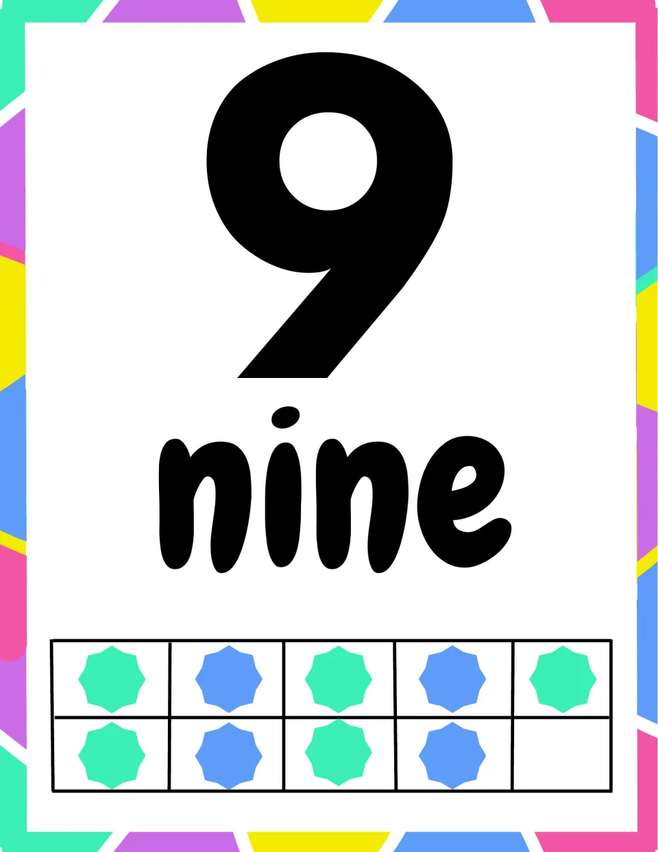 Number 9 poster: numeral 9 and the word nine with nine stars in a ten frame, one cell empty, showing one less than ten