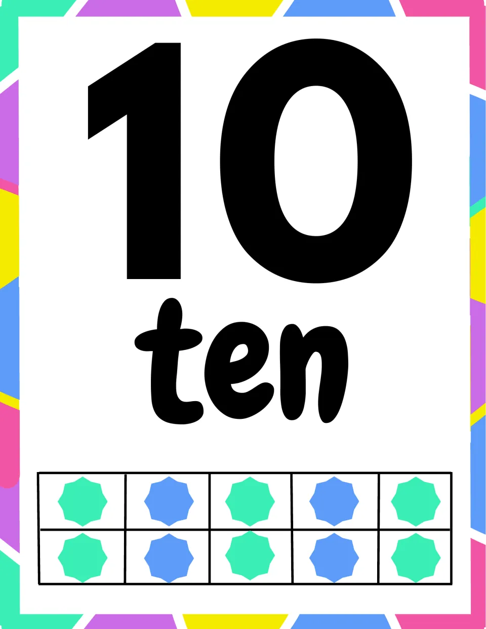 Number 10 poster: numeral 10 and the word ten above a completely full ten frame of ten alternating green and blue stars