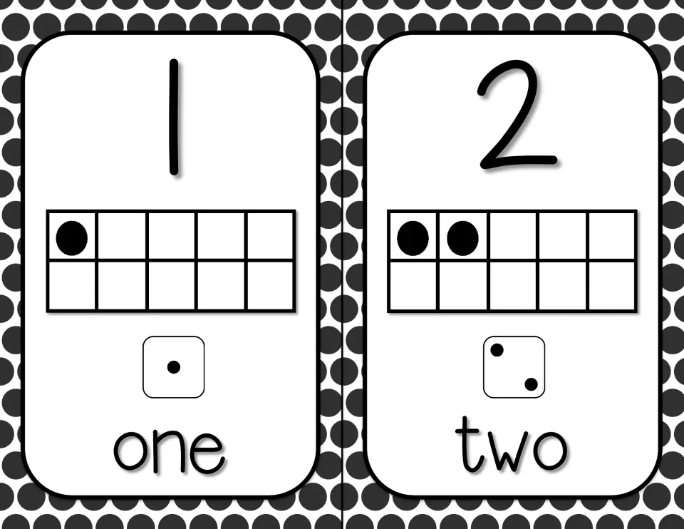Numbers 1 and 2: each card shows the numeral, dots filled in a ten frame, a matching die face and the number word