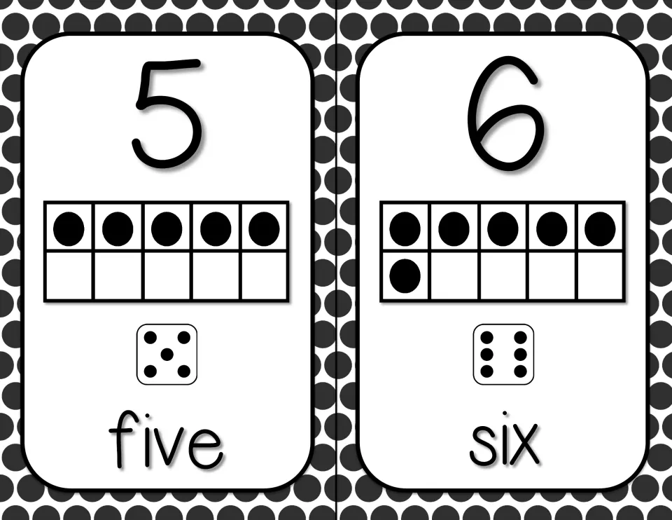 Numbers 5 and 6: a full top row of five in the ten frame, then one more dot for 6, plus die faces and the words