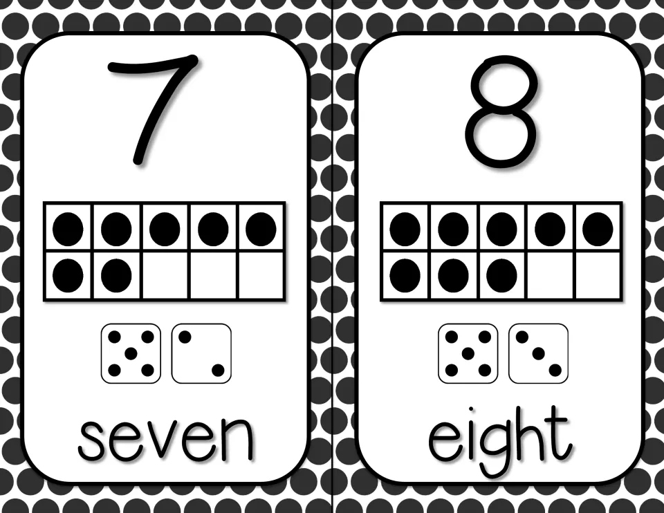 Numbers 7 and 8 as numerals with ten frames, two dice each (5 and 2, 5 and 3) and the number words seven and eight