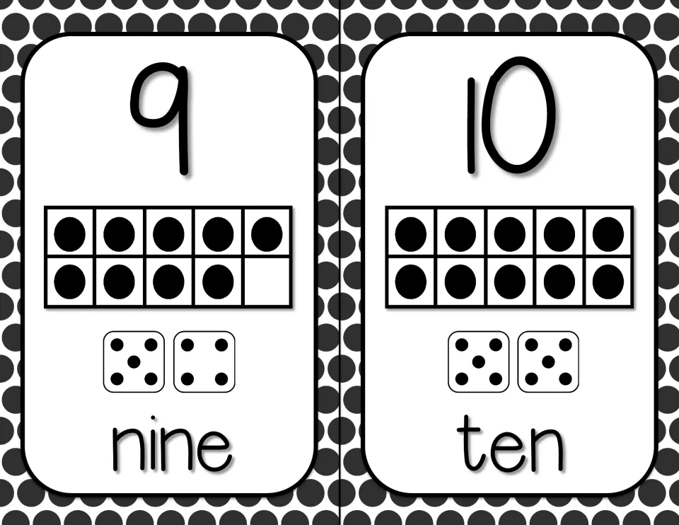 Numbers 9 and 10: ten frames with nine dots and a full frame of ten, dice pairs 5+4 and 5+5, and the words nine, ten