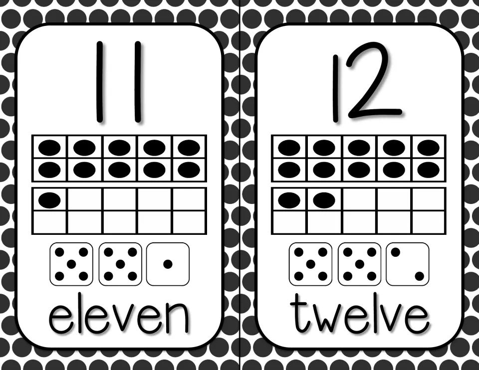 Teen numbers 11 and 12 shown as one full ten frame plus 1 or 2 dots in a second frame, three dice and the number words