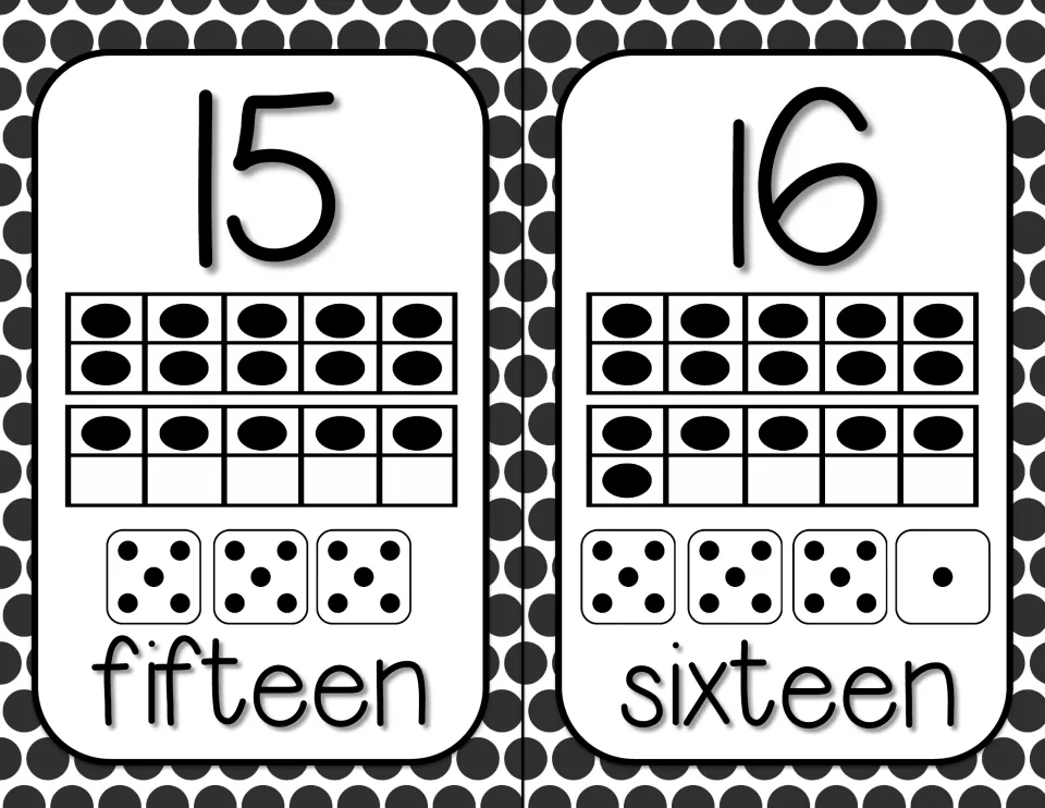 Numbers 15 and 16: a full ten frame plus 5 or 6 dots, dice summing to each number, and the number words fifteen, sixteen