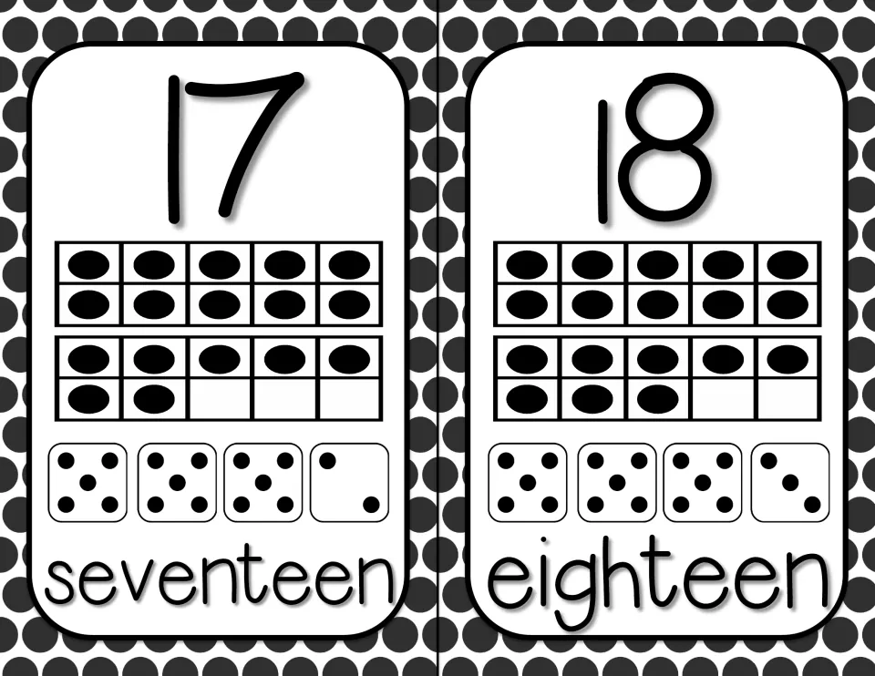 Numbers 17 and 18 with a full ten frame plus 7 or 8 dots, four dice adding to each total, and the words seventeen, eighteen