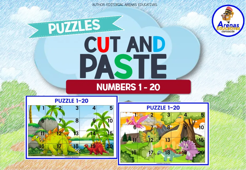 Cut and paste puzzles cover, numbers 1-20: dinosaur scene puzzles, each cut into 20 pieces numbered 1 to 20