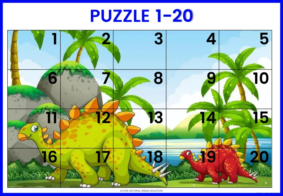 Dinosaur puzzle 1: students cut out 20 pieces numbered 1 to 20 showing a green and a red stegosaurus beside a lake